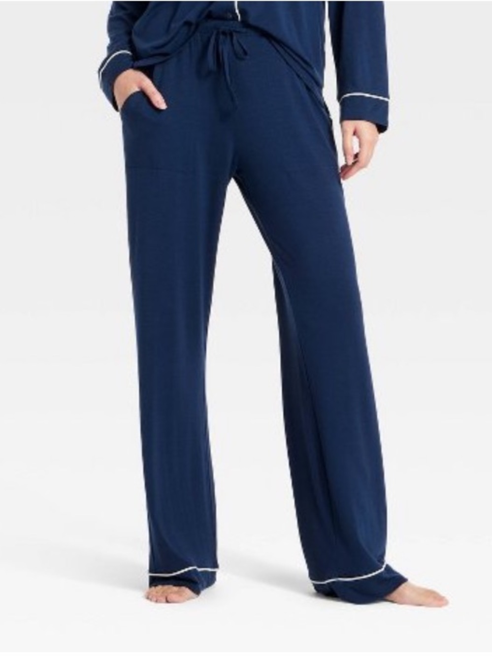 stars above Navy Blue Long Pajama Set with Contrast Piping